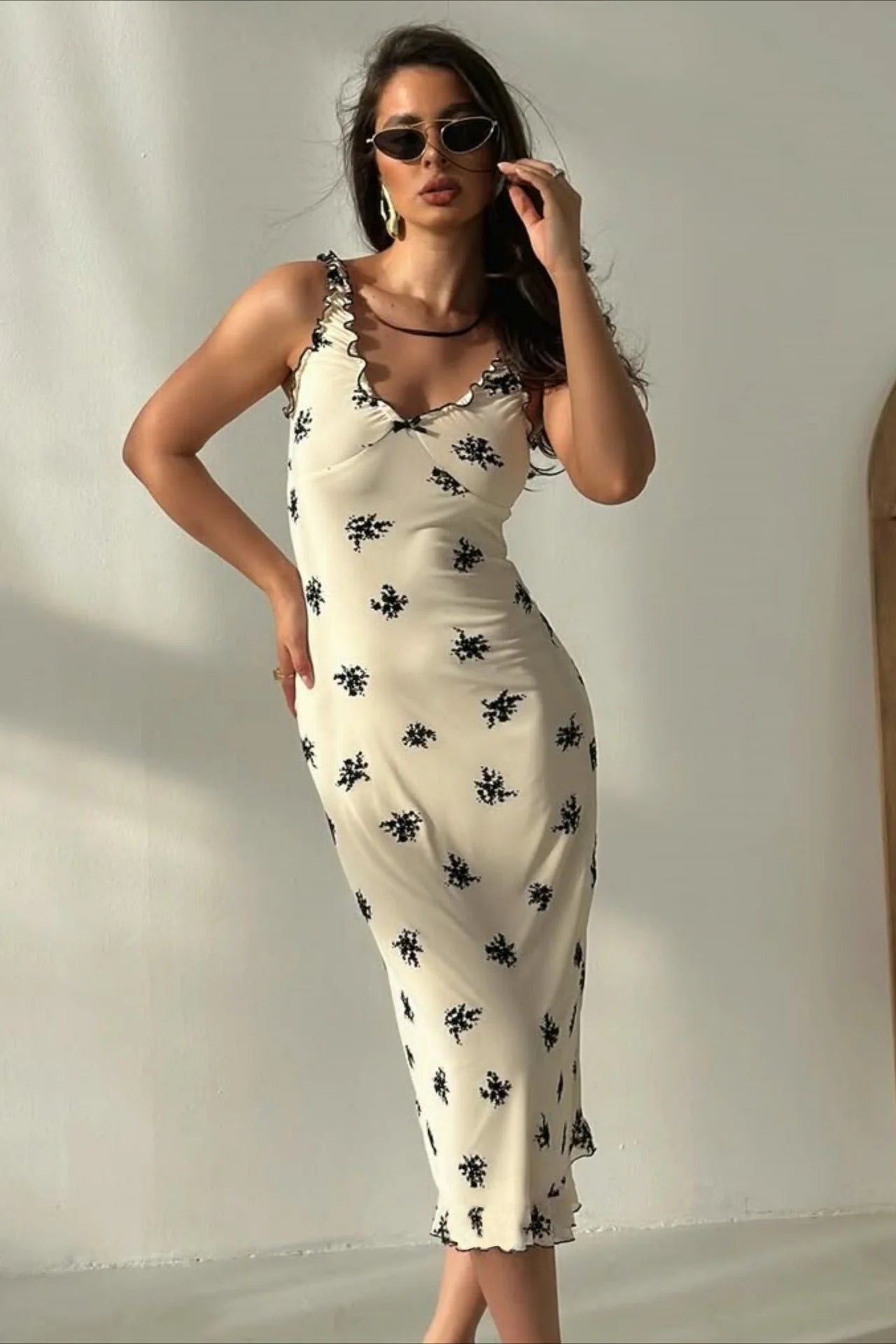 Elegant Ruffle Trim Floral Print Lettuce Edge Midi Prom Dress For Wedding Guest Bridal Shower Formal Evening
