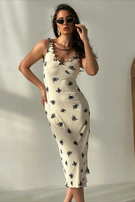 Elegant Ruffle Trim Floral Print Lettuce Edge Midi Prom Dress For Wedding Guest Bridal Shower Formal Evening