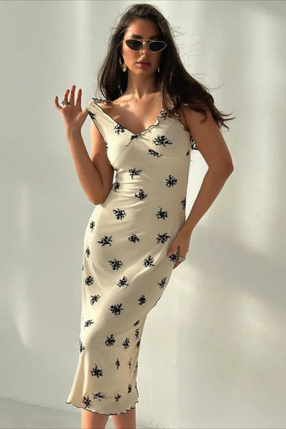 Elegant Ruffle Trim Floral Print Lettuce Edge Midi Prom Dress For Wedding Guest Bridal Shower Formal Evening