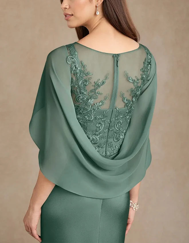 Elegant Sheath Illusion-Neck Lace Cape-Sleeve High-Slit Floor-Length Mother of the Bride Dress