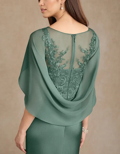 Elegant Sheath Illusion-Neck Lace Cape-Sleeve High-Slit Floor-Length Mother of the Bride Dress