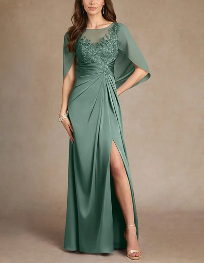Elegant Sheath Illusion-Neck Lace Cape-Sleeve High-Slit Floor-Length Mother of the Bride Dress