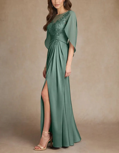 Elegant Sheath Illusion-Neck Lace Cape-Sleeve High-Slit Floor-Length Mother of the Bride Dress