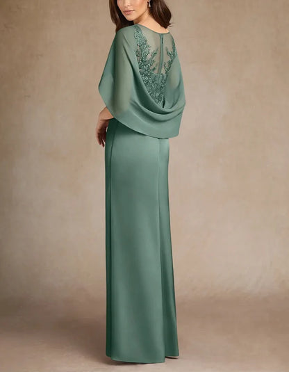 Elegant Sheath Illusion-Neck Lace Cape-Sleeve High-Slit Floor-Length Mother of the Bride Dress