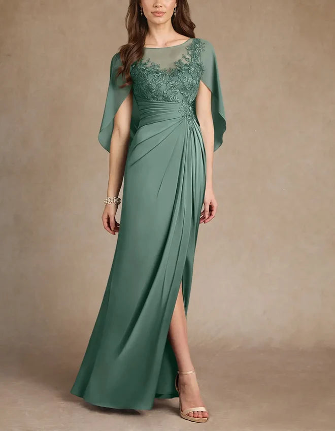 Elegant Sheath Illusion-Neck Lace Cape-Sleeve High-Slit Floor-Length Mother of the Bride Dress