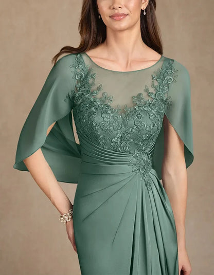 Elegant Sheath Illusion-Neck Lace Cape-Sleeve High-Slit Floor-Length Mother of the Bride Dress