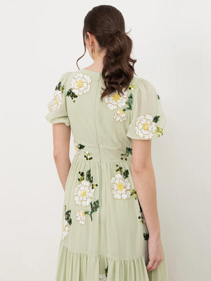 Elegant Short Puff Sleeve Keyhole Neck 3D Floral Beaded Embellished High Slit Tiered Chiffon Maxi Prom Dress For Formal Evening Gala Wedding Guest Bridesmaid