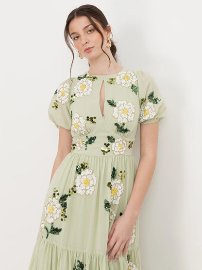 Elegant Short Puff Sleeve Keyhole Neck 3D Floral Beaded Embellished High Slit Tiered Chiffon Maxi Prom Dress For Formal Evening Gala Wedding Guest Bridesmaid