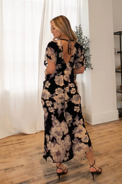 Elegant Short Sleeve Deep V Tie Back Floral Print Velvet Maxi Prom Dress For Wedding Guest Bridal Shower Formal Evening