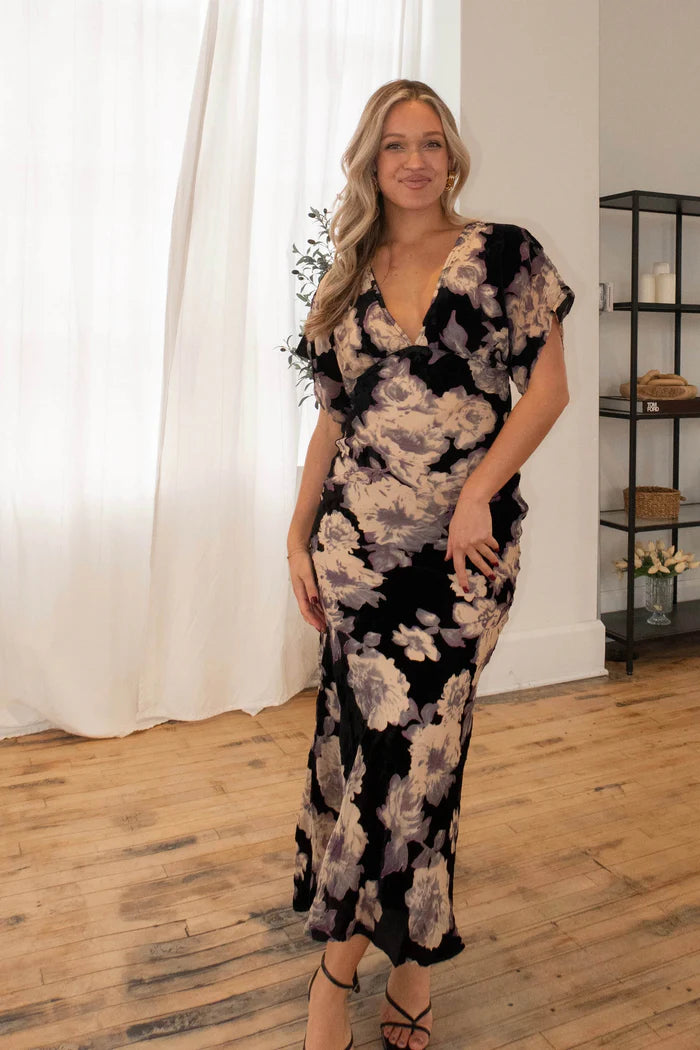 Elegant Short Sleeve Deep V Tie Back Floral Print Velvet Maxi Prom Dress For Wedding Guest Bridal Shower Formal Evening
