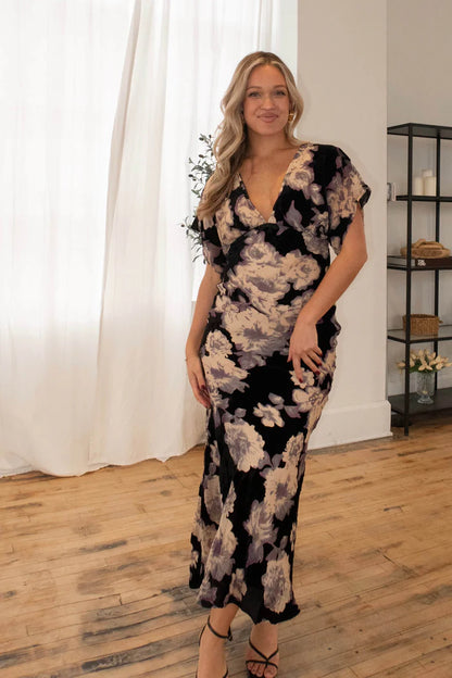 Elegant Short Sleeve Deep V Tie Back Floral Print Velvet Maxi Prom Dress For Wedding Guest Bridal Shower Formal Evening