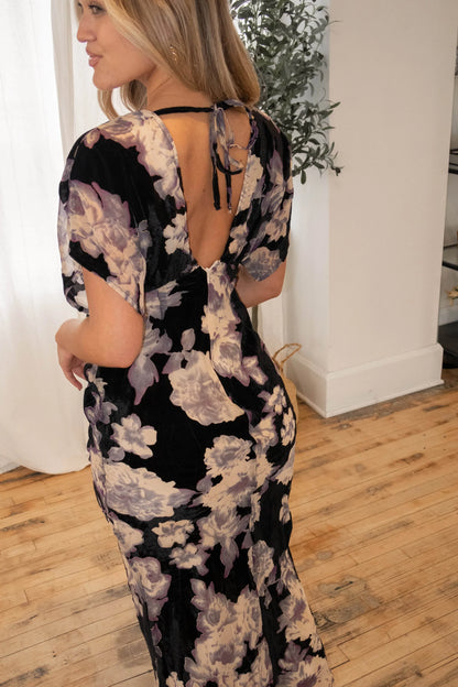Elegant Short Sleeve Deep V Tie Back Floral Print Velvet Maxi Prom Dress For Wedding Guest Bridal Shower Formal Evening