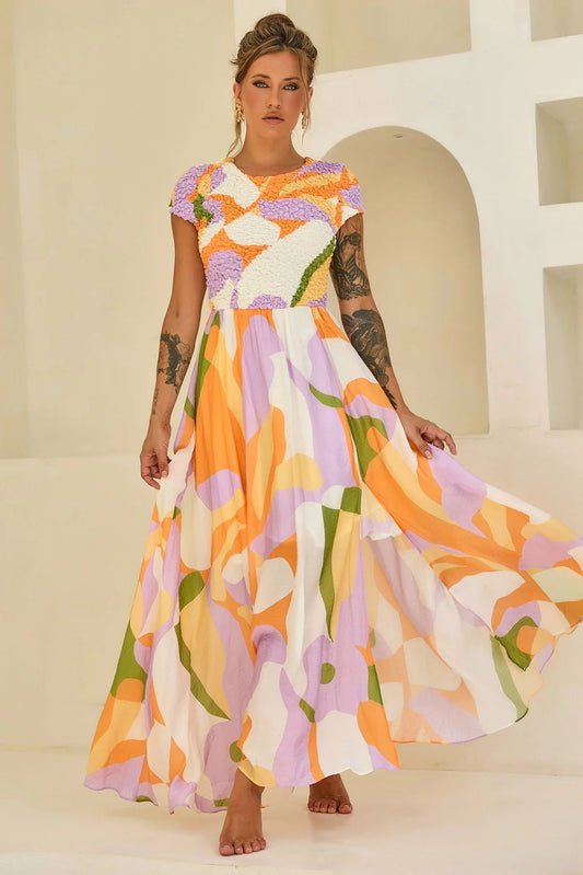 Elegant Short Sleeve Open Back Textured Smocked Floral Print A Line Maxi Prom Dress For Formal Evening Gala Wedding Guest Bridesmaid Vacation