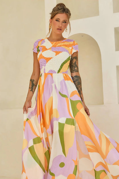 Elegant Short Sleeve Open Back Textured Smocked Floral Print A Line Maxi Prom Dress For Formal Evening Gala Wedding Guest Bridesmaid Vacation