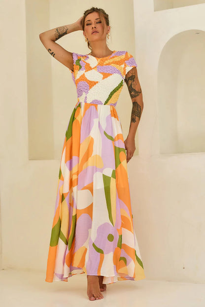 Elegant Short Sleeve Open Back Textured Smocked Floral Print A Line Maxi Prom Dress For Formal Evening Gala Wedding Guest Bridesmaid Vacation