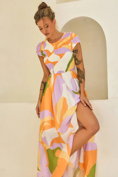 Elegant Short Sleeve Open Back Textured Smocked Floral Print A Line Maxi Prom Dress For Formal Evening Gala Wedding Guest Bridesmaid Vacation