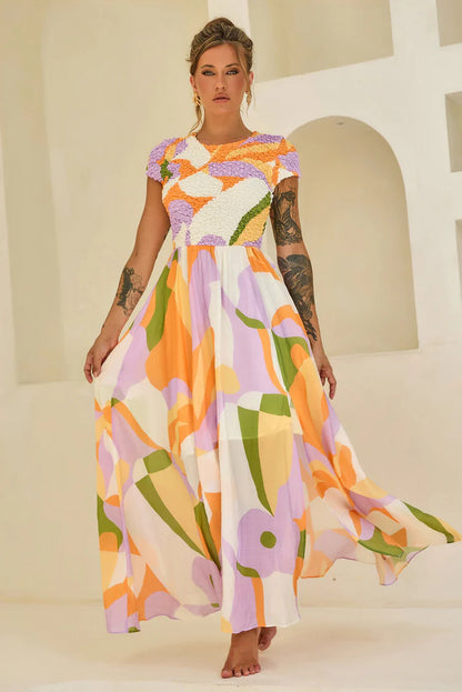 Elegant Short Sleeve Open Back Textured Smocked Floral Print A Line Maxi Prom Dress For Formal Evening Gala Wedding Guest Bridesmaid Vacation