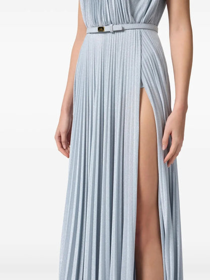 Elegant Sky Blue Lurex Pleated Halter Evening Dress