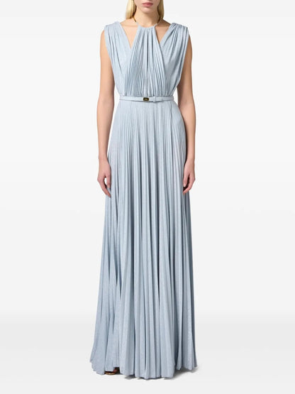 Elegant Sky Blue Lurex Pleated Halter Evening Dress