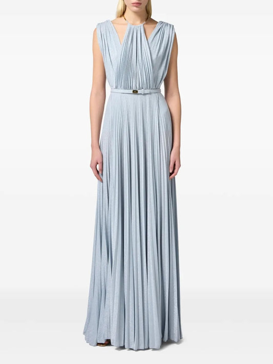 Elegant Sky Blue Lurex Pleated Halter Evening Dress