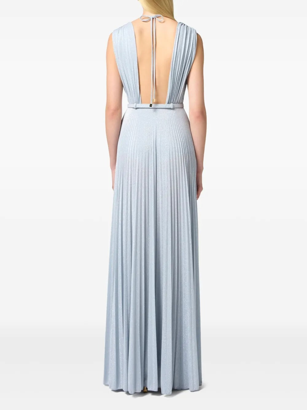 Elegant Sky Blue Lurex Pleated Halter Evening Dress