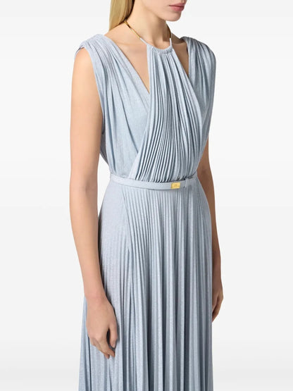 Elegant Sky Blue Lurex Pleated Halter Evening Dress