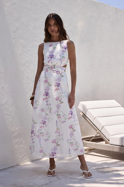 Elegant Sleeveless Boat Neck Backless Floral Print Eyelet Midi Prom Dress For Wedding Guest Bridal Shower Formal Evening