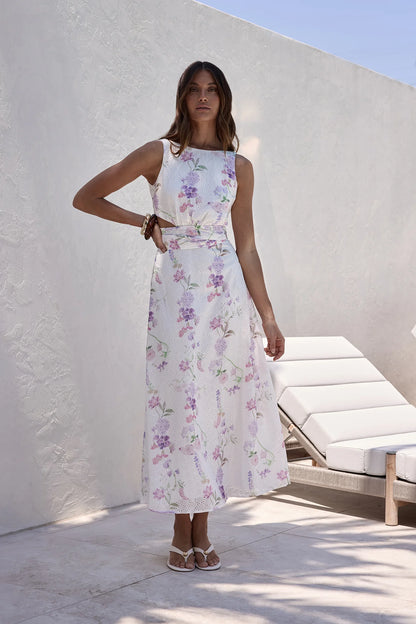 Elegant Sleeveless Boat Neck Backless Floral Print Eyelet Midi Prom Dress For Wedding Guest Bridal Shower Formal Evening