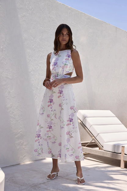 Elegant Sleeveless Boat Neck Backless Floral Print Eyelet Midi Prom Dress For Wedding Guest Bridal Shower Formal Evening