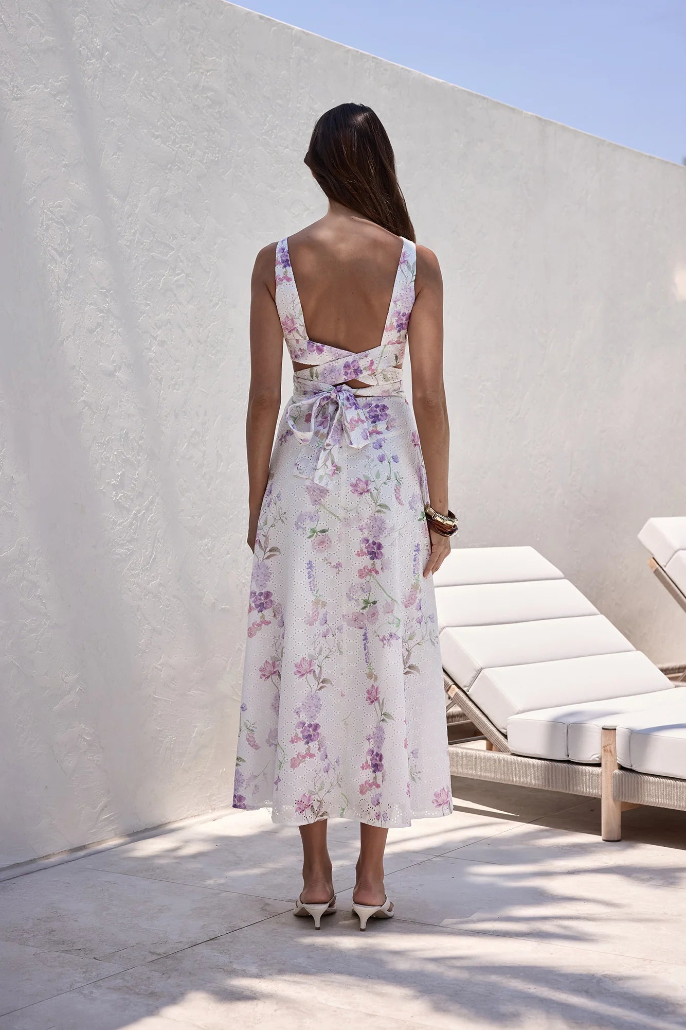 Elegant Sleeveless Boat Neck Backless Floral Print Eyelet Midi Prom Dress For Wedding Guest Bridal Shower Formal Evening