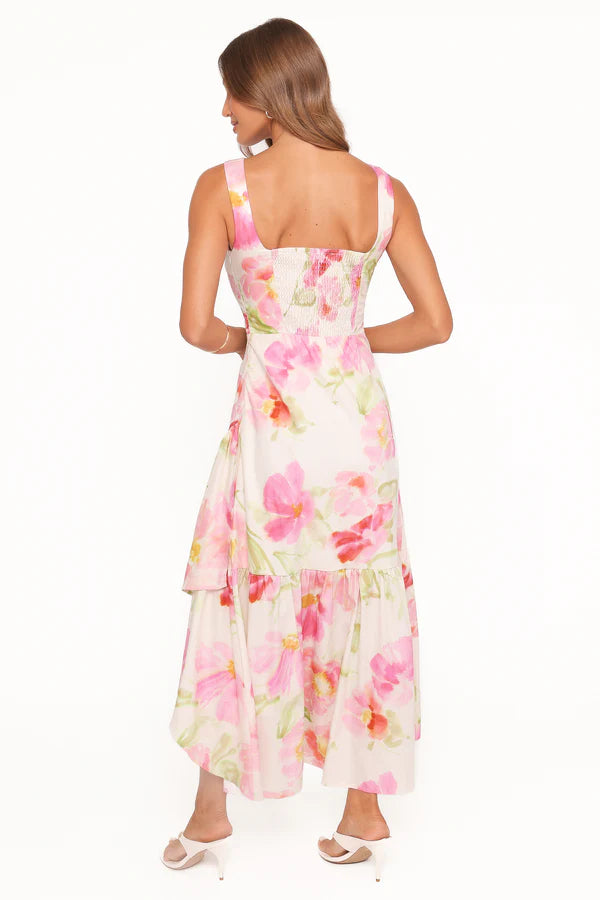 Elegant Sleeveless Boat Neck Floral Print Smocked Back Asymmetrical Ruffle Hem Maxi Prom Dress For Formal Evening Wedding Guest Bridesmaid Cocktail Party