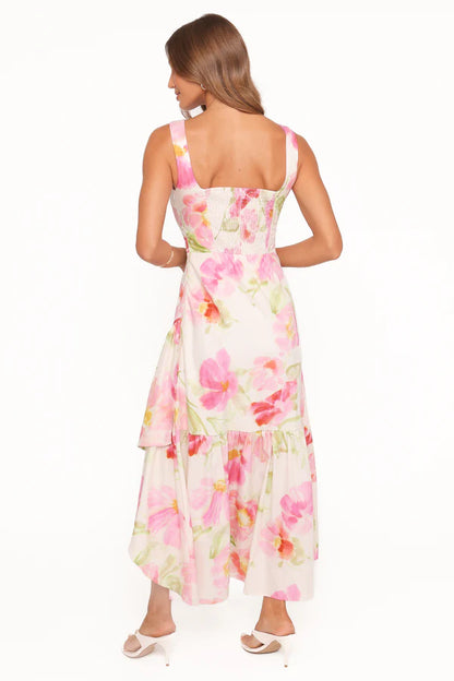 Elegant Sleeveless Boat Neck Floral Print Smocked Back Asymmetrical Ruffle Hem Maxi Prom Dress For Formal Evening Wedding Guest Bridesmaid Cocktail Party