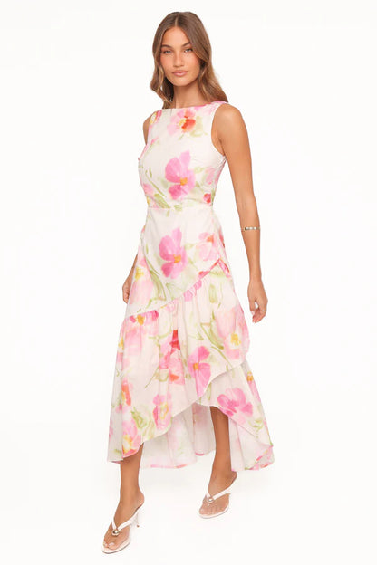 Elegant Sleeveless Boat Neck Floral Print Smocked Back Asymmetrical Ruffle Hem Maxi Prom Dress For Formal Evening Wedding Guest Bridesmaid Cocktail Party