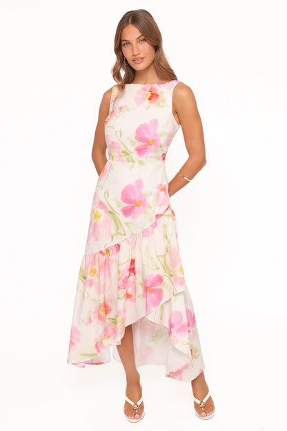 Elegant Sleeveless Boat Neck Floral Print Smocked Back Asymmetrical Ruffle Hem Maxi Prom Dress For Formal Evening Wedding Guest Bridesmaid Cocktail Party