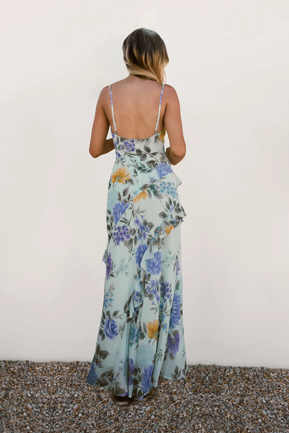 Elegant Sleeveless Cowl Neck Backless Floral Print Ruffle Detail Chiffon Maxi Dress For Bridal Shower Wedding Guest Brunch Date Night
