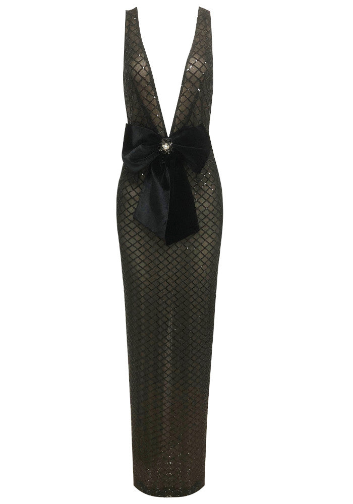 Elegant Sleeveless Deep V Neck Open Back Grid Sequin Mesh Bow Detail Bodycon Maxi Prom Dress