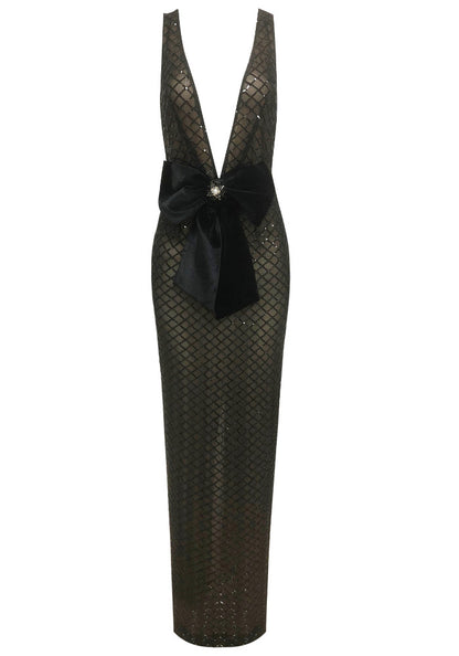 Elegant Sleeveless Deep V Neck Open Back Grid Sequin Mesh Bow Detail Bodycon Maxi Prom Dress