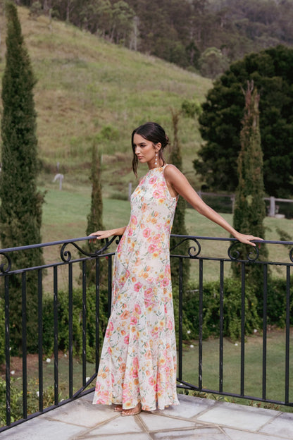 Elegant Sleeveless Halter Neck Floral Print Tie Back Maxi Prom Dress For Formal Evening Wedding Guest Bridesmaid Cocktail Party