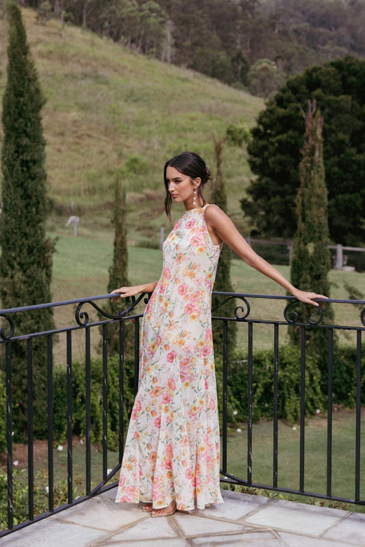Elegant Sleeveless Halter Neck Floral Print Tie Back Maxi Prom Dress For Formal Evening Wedding Guest Bridesmaid Cocktail Party