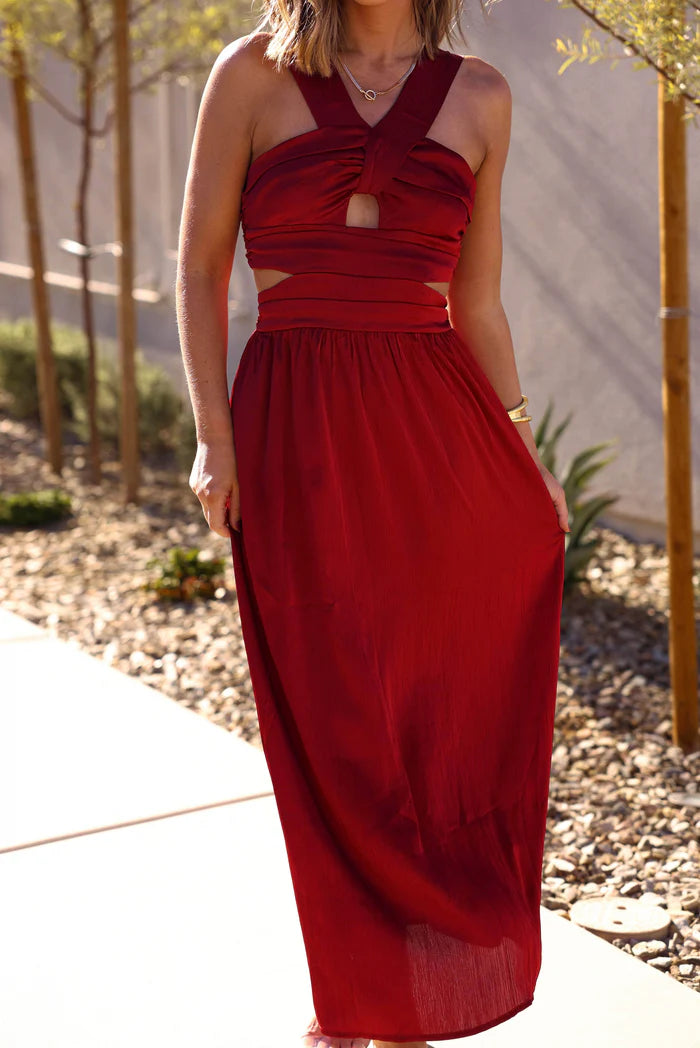 Elegant Sleeveless Halter Neck Ruched Cutout Flowy Maxi Prom Dress For Wedding Guest Bridal Shower Formal Evening