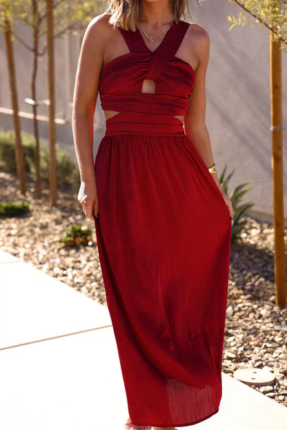 Elegant Sleeveless Halter Neck Ruched Cutout Flowy Maxi Prom Dress For Wedding Guest Bridal Shower Formal Evening