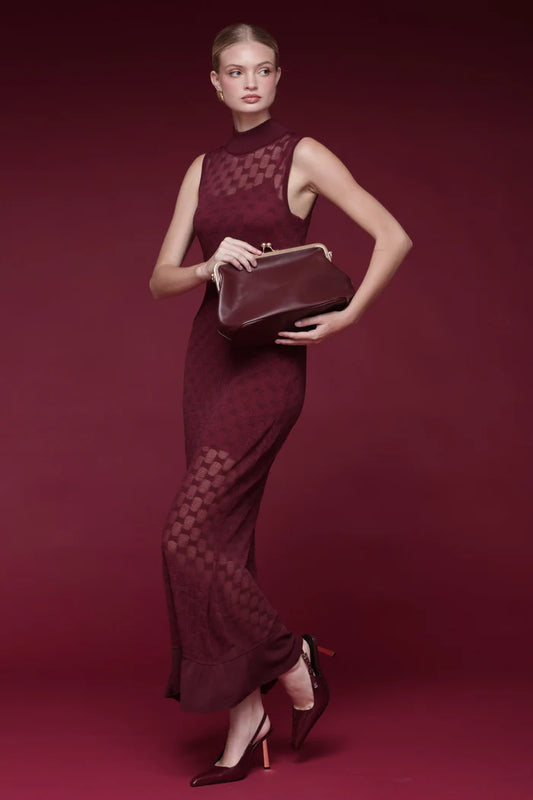 Elegant Sleeveless High Neck Checkered Mesh Sheer Bodycon Maxi Prom Dress With Ruffle Hem For Formal Evening Red Carpet