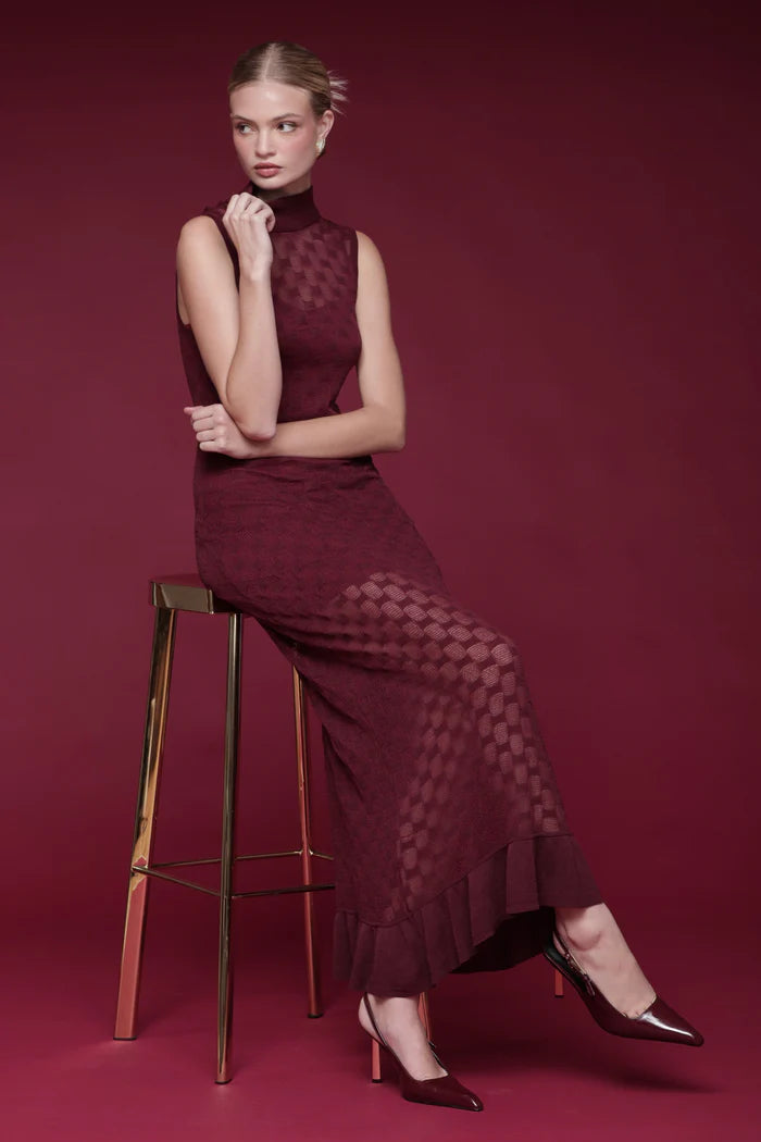 Elegant Sleeveless High Neck Checkered Mesh Sheer Bodycon Maxi Prom Dress With Ruffle Hem For Formal Evening Red Carpet