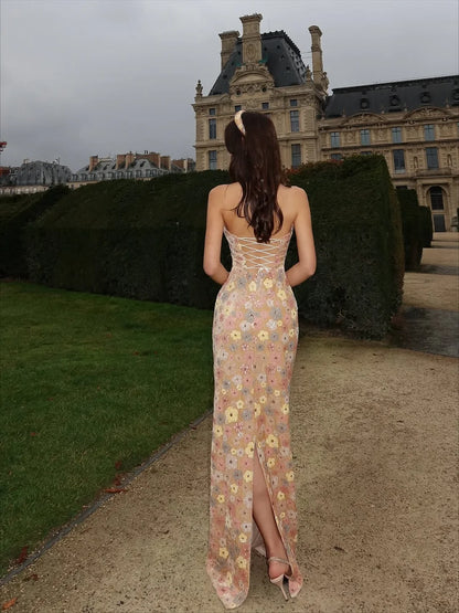 Elegant Sleeveless High Neck Lace Up Back 3D Floral Embroidered Bodycon Maxi Prom Dress With Slit For Formal Evening Wedding Guest