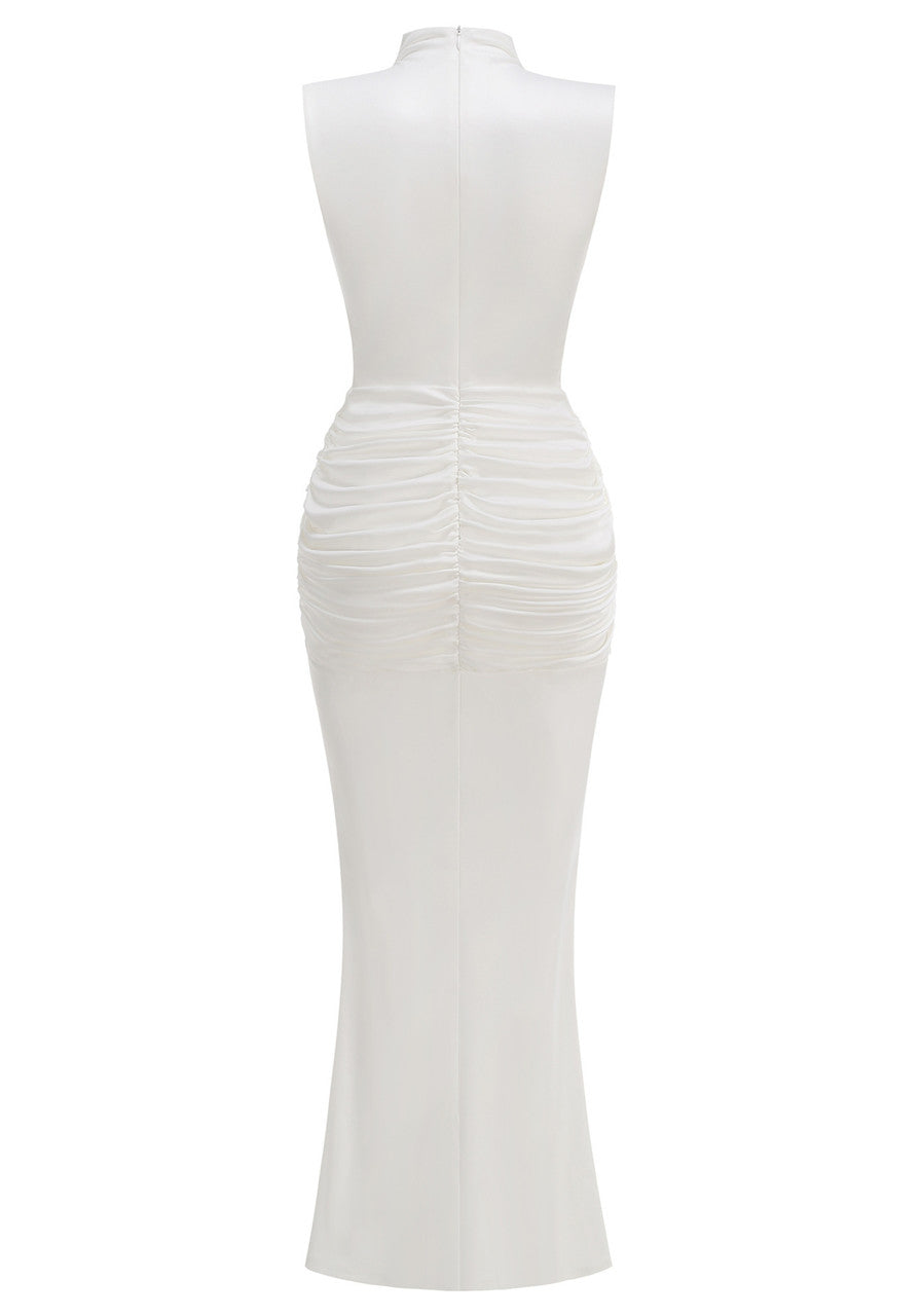 Elegant Sleeveless High Neck Ruched Side Cut Out Gold Detail Bodycon Maxi Prom Dress