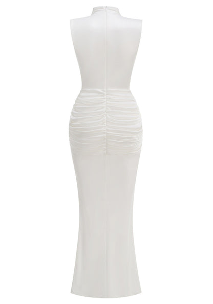 Elegant Sleeveless High Neck Ruched Side Cut Out Gold Detail Bodycon Maxi Prom Dress