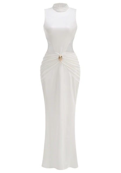 Elegant Sleeveless High Neck Ruched Side Cut Out Gold Detail Bodycon Maxi Prom Dress