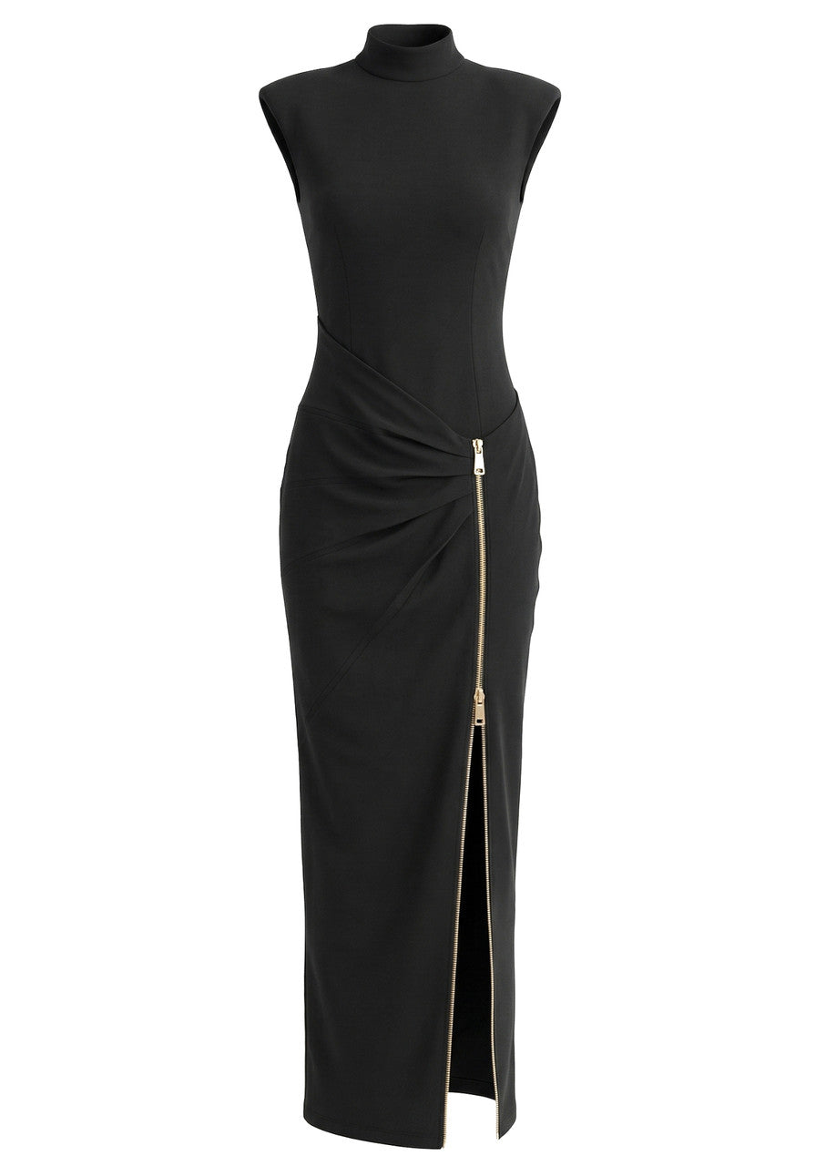 Elegant Sleeveless High Neck Ruched Side Zip Detail Bodycon Maxi Prom Dress