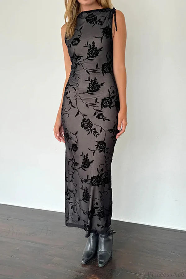 Elegant Sleeveless High Neck Tie Detail Sheer Mesh Floral Velvet Maxi Prom Dress For Wedding Guest Bridal Shower Formal Evening