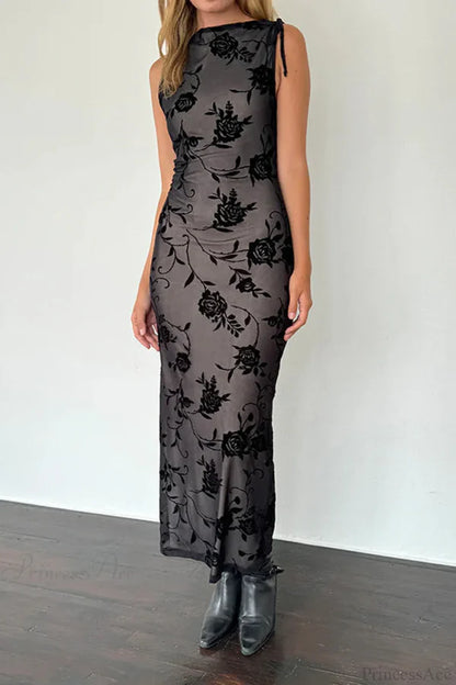 Elegant Sleeveless High Neck Tie Detail Sheer Mesh Floral Velvet Maxi Prom Dress For Wedding Guest Bridal Shower Formal Evening